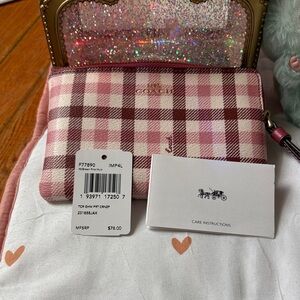 NWT Coach Pink Plaid Wristlet with Gold Logo